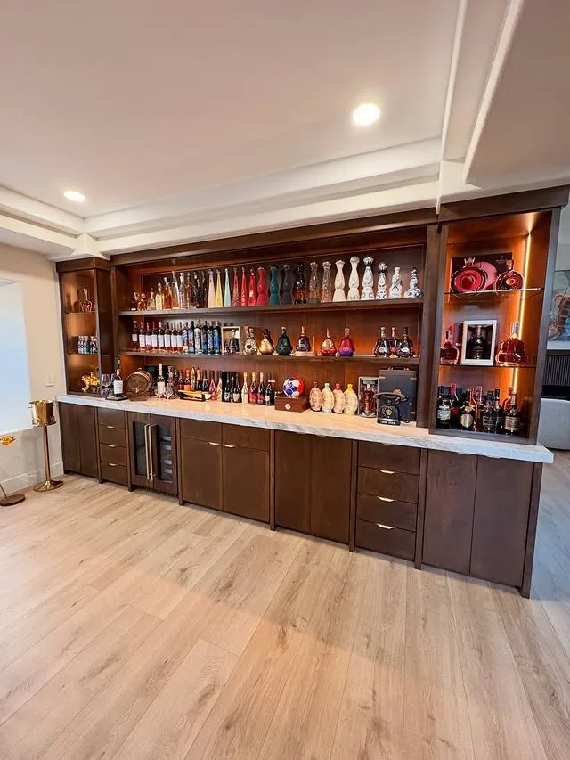The full bar wall from across the room